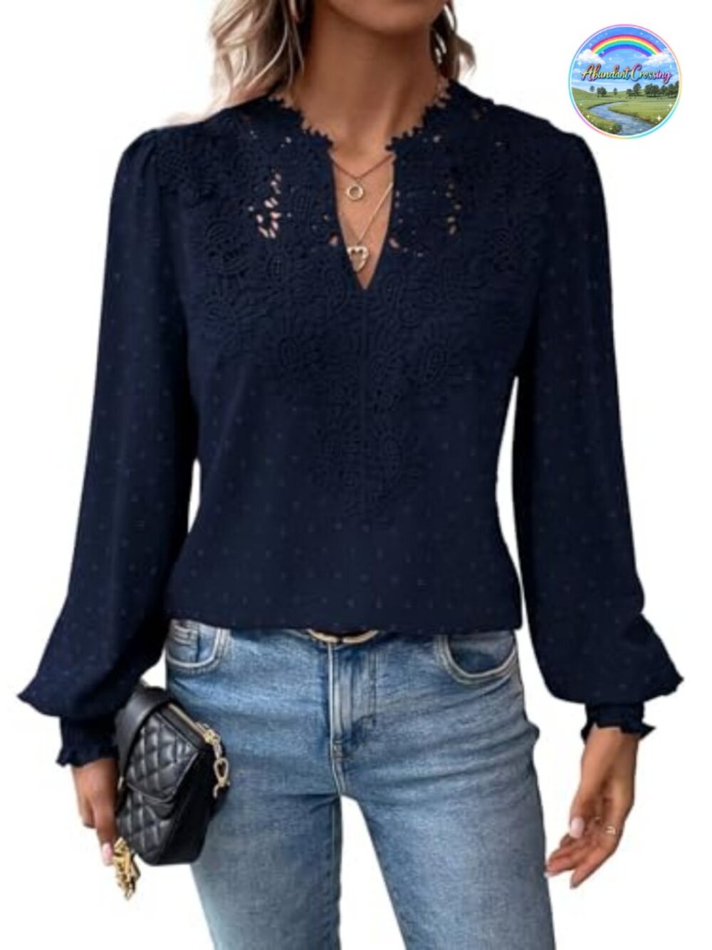 Falechay Womens Long Sleeve Boho Lace Floral V Neck Blouse Top
